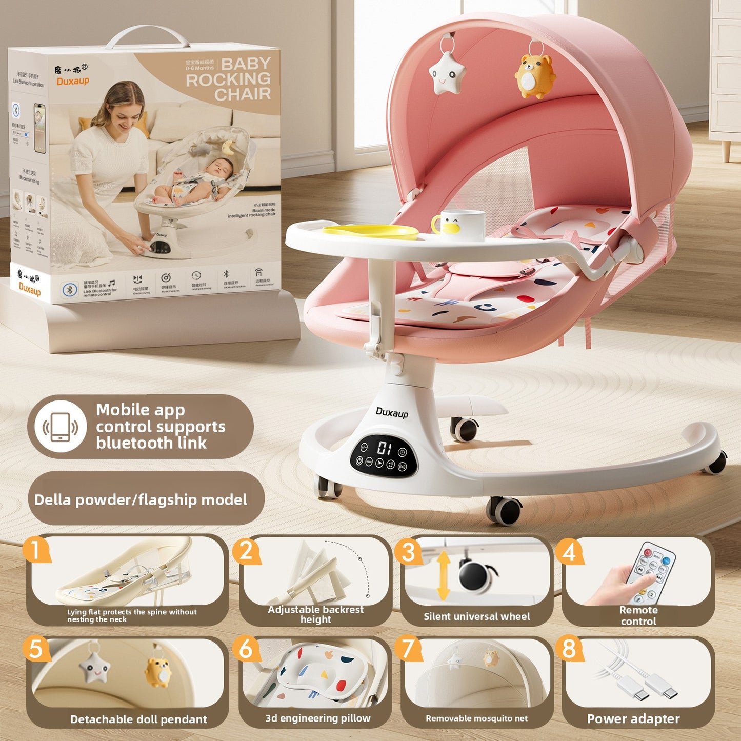 Smart baby chair electric rocker for newborn with remote control
Automatic baby swing with music and feeding tray
Luxury baby rocker chair pink color
Modern baby swing for newborn SnuggleNest