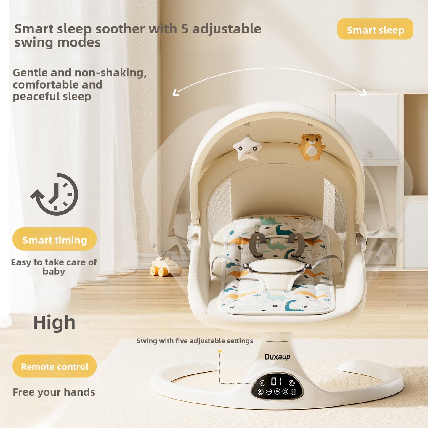 Smart baby chair electric rocker for newborn with remote control
Automatic baby swing with music and feeding tray
Luxury baby rocker chair pink color
Modern baby swing for newborn SnuggleNest