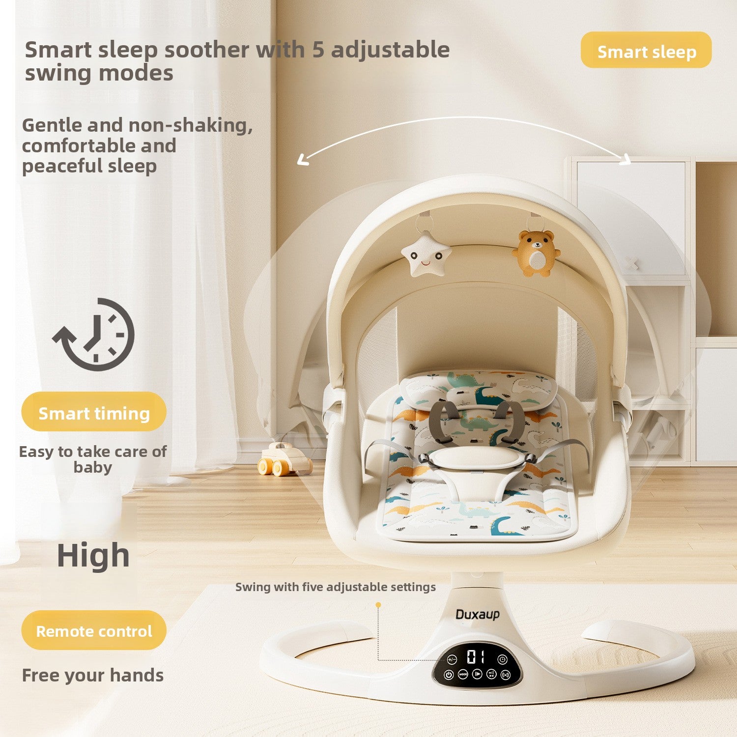 Smart baby chair electric rocker for newborn with remote control
Automatic baby swing with music and feeding tray
Luxury baby rocker chair pink color
Modern baby swing for newborn SnuggleNest